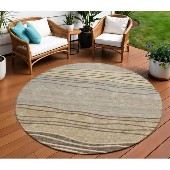 8' Taupe Brown And Beige Round Striped Washable Indoor Outdoor Area Rug Photo 1