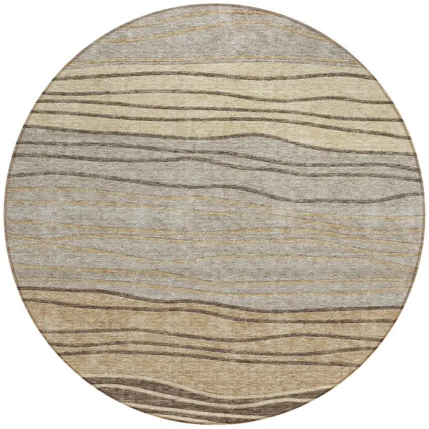 8' Taupe Brown And Beige Round Striped Washable Indoor Outdoor Area Rug Photo 5