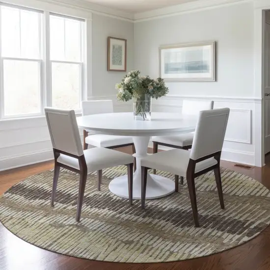 8' Taupe Brown And Beige Round Striped Washable Indoor Outdoor Area Rug Photo 7