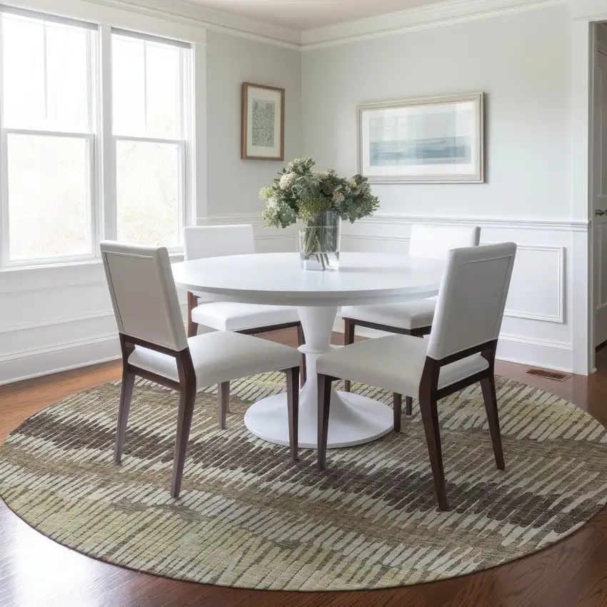 8' Taupe Brown And Beige Round Striped Washable Indoor Outdoor Area Rug Photo 7