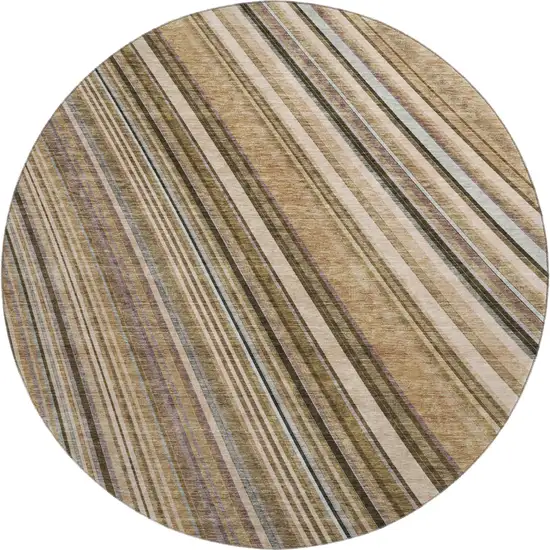 8' Taupe Brown And Beige Striped Washable Round Rug With UV Protection Photo 1