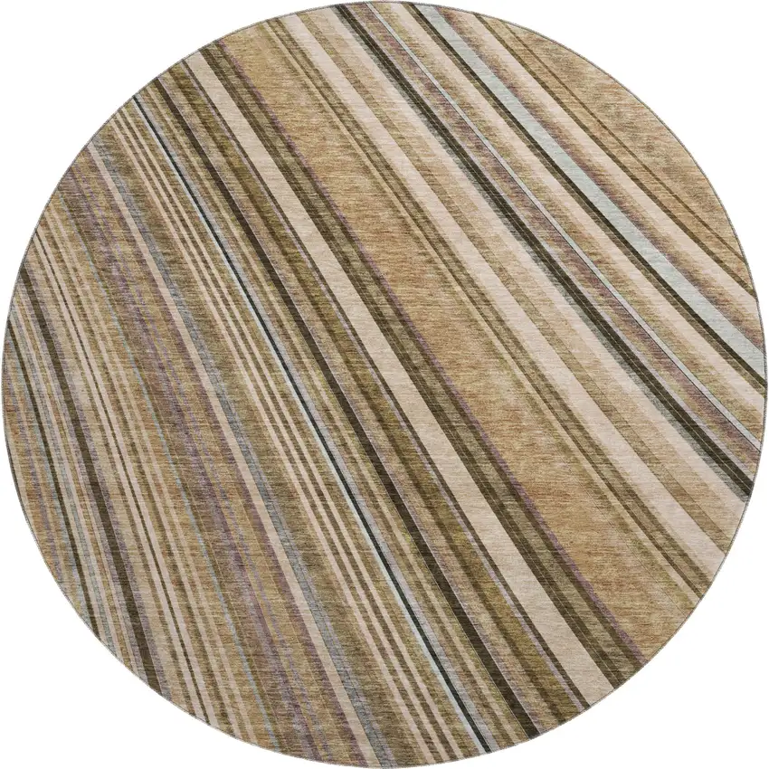 8' Taupe Brown And Beige Striped Washable Round Rug With UV Protection Photo 1