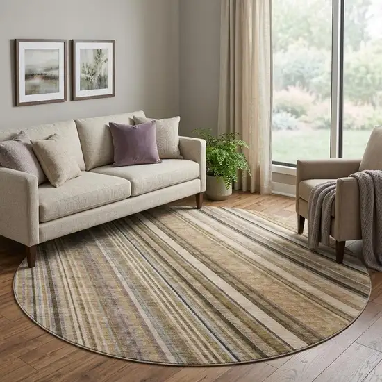 8' Taupe Brown And Beige Striped Washable Round Rug With UV Protection Photo 1