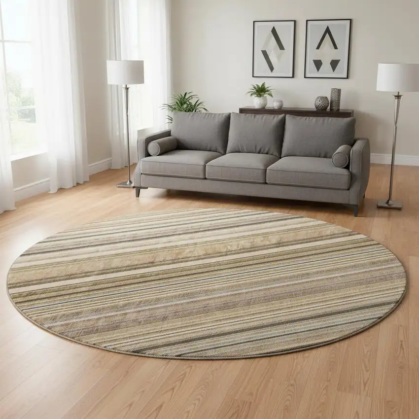 8' Taupe Brown And Beige Striped Washable Round Rug With UV Protection Photo 2