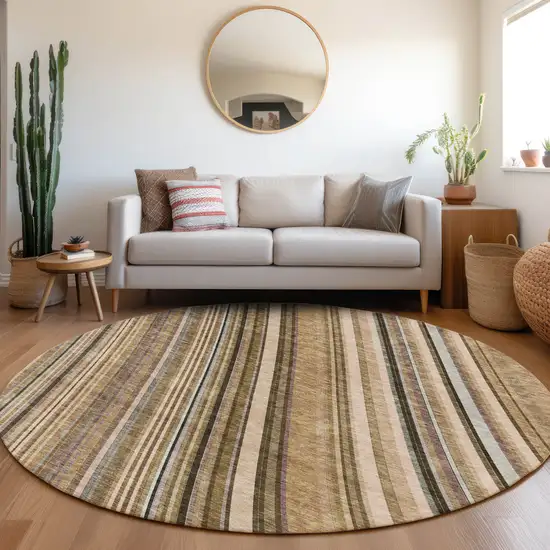 8' Taupe Brown And Beige Striped Washable Round Rug With UV Protection Photo 4