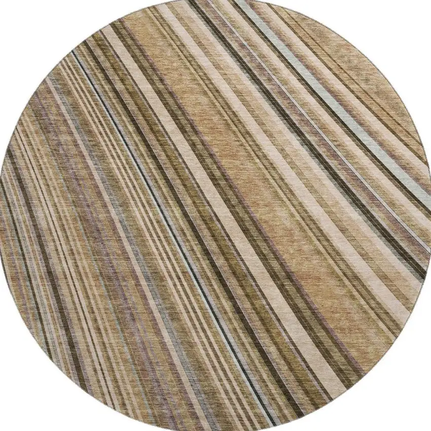 8' Taupe Brown And Beige Striped Washable Round Rug With UV Protection Photo 2