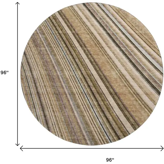 8' Taupe Brown And Beige Striped Washable Round Rug With UV Protection Photo 9