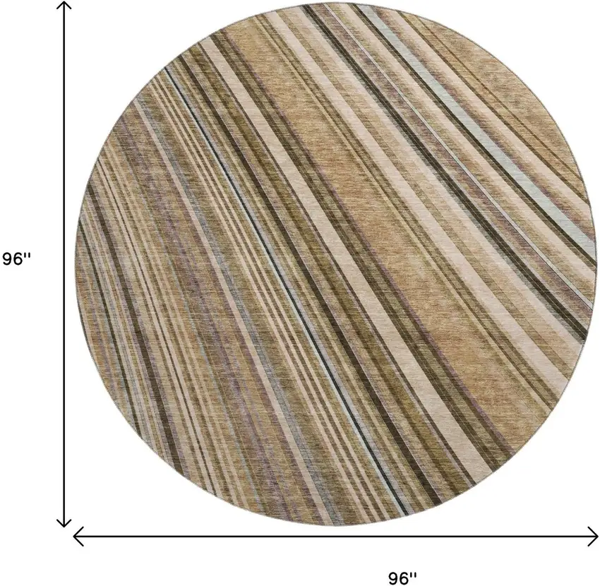 8' Taupe Brown And Beige Striped Washable Round Rug With UV Protection Photo 9