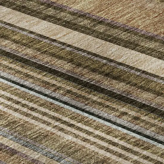 8' Taupe Brown And Beige Striped Washable Round Rug With UV Protection Photo 8