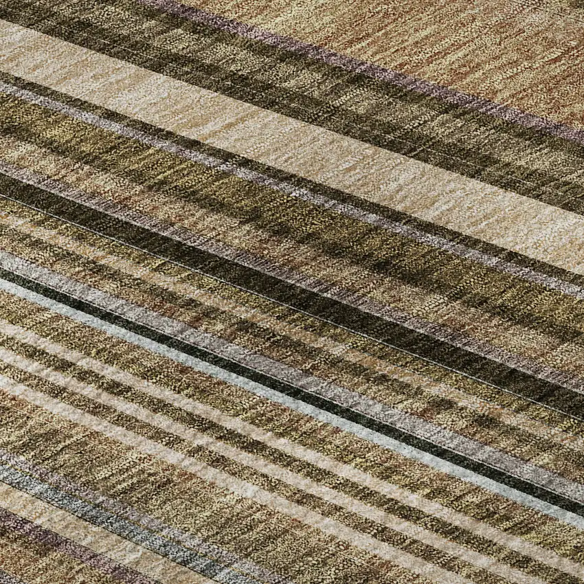 8' Taupe Brown And Beige Striped Washable Round Rug With UV Protection Photo 8