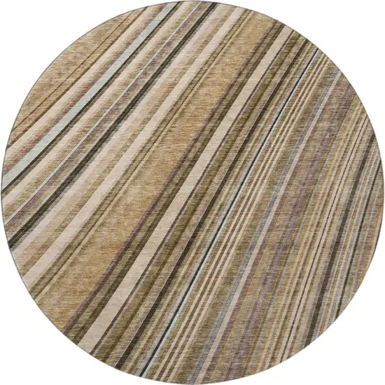 8' Taupe Brown And Beige Striped Washable Round Rug With UV Protection Photo 3
