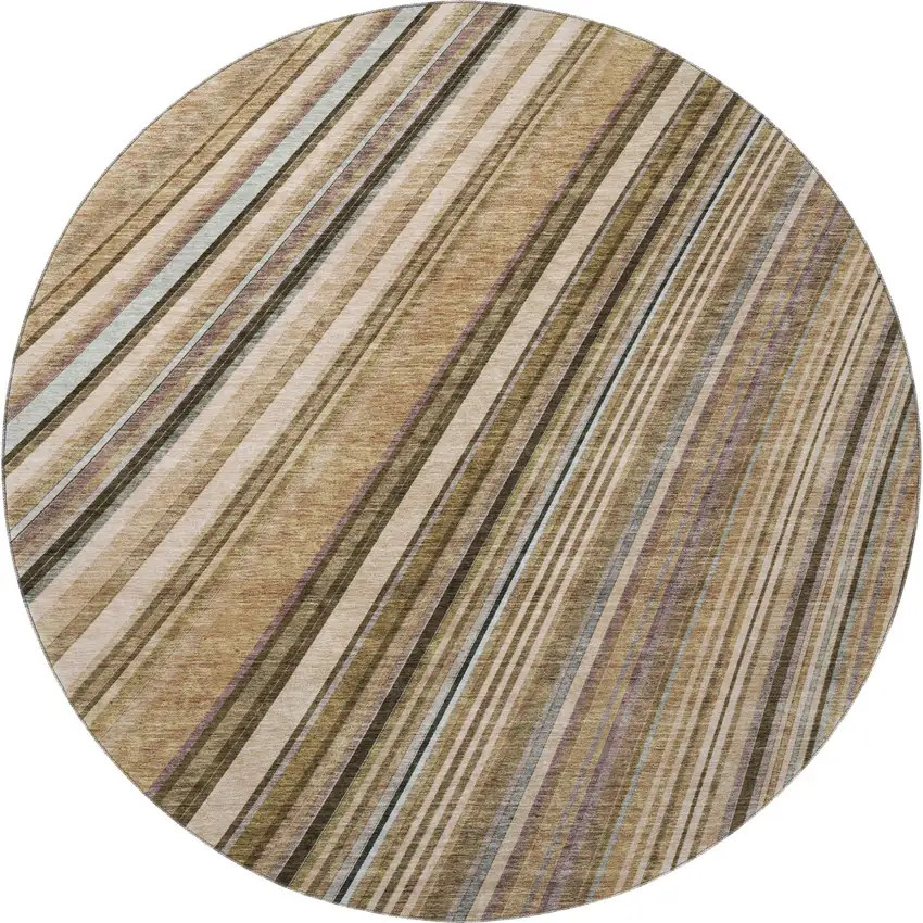 8' Taupe Brown And Beige Striped Washable Round Rug With UV Protection Photo 3