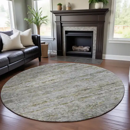 8' Taupe Brown And Beige Striped Washable Round Rug With UV Protection Photo 4