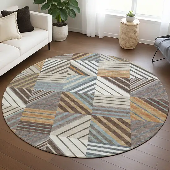 8' Taupe Brown And Blue Round Patchwork Washable Indoor Outdoor Area Rug Photo 5