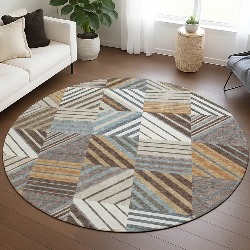 8' Taupe Brown And Blue Round Patchwork Washable Indoor Outdoor Area Rug Photo 5