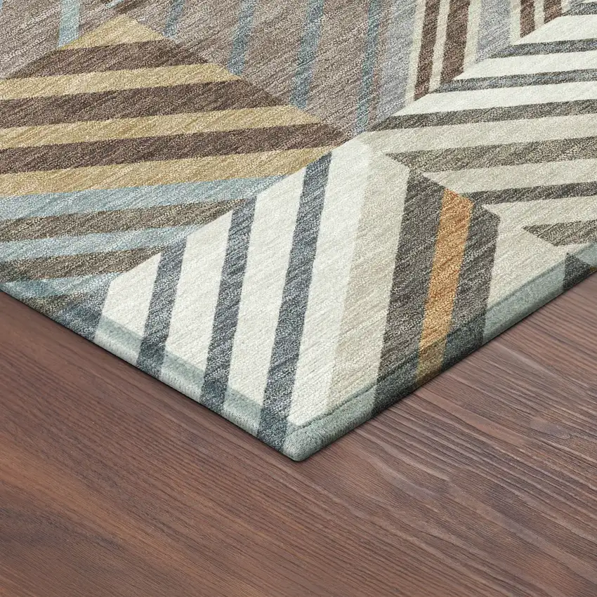 8' Taupe Brown And Blue Round Patchwork Washable Indoor Outdoor Area Rug Photo 8