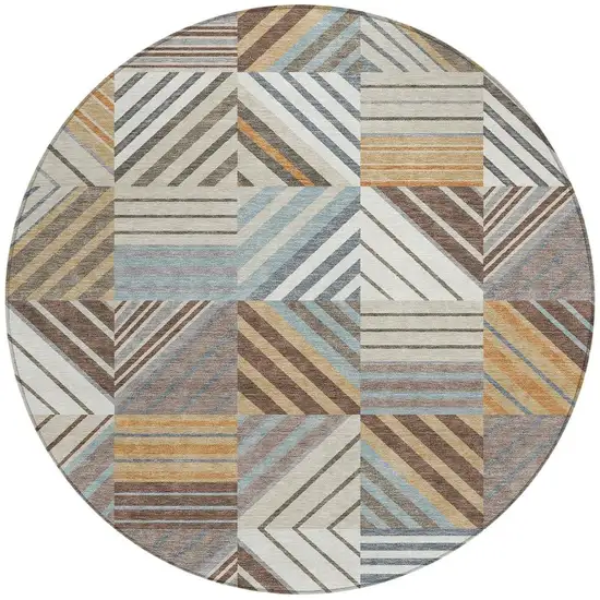 8' Taupe Brown And Blue Round Patchwork Washable Indoor Outdoor Area Rug Photo 2