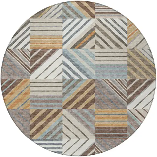 8' Taupe Brown And Blue Round Patchwork Washable Indoor Outdoor Area Rug Photo 3