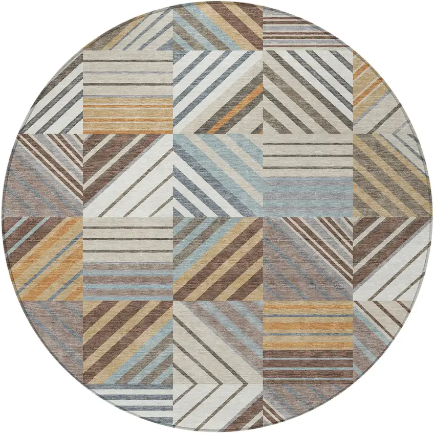 8' Taupe Brown And Blue Round Patchwork Washable Indoor Outdoor Area Rug Photo 3