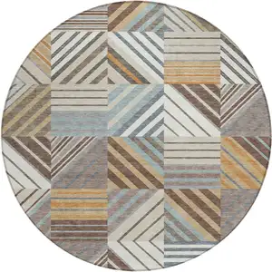 Photo of 8' Taupe Brown And Blue Round Patchwork Washable Indoor Outdoor Area Rug