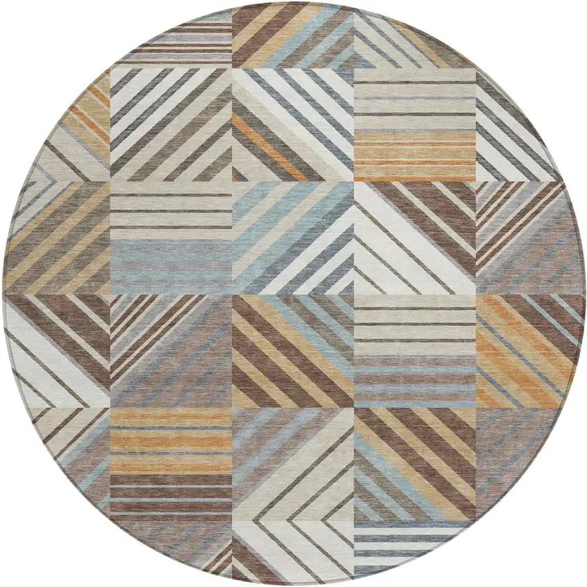 8' Taupe Brown And Blue Round Patchwork Washable Indoor Outdoor Area Rug Photo 1