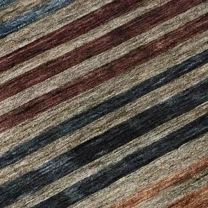 Photo of 8' Taupe Brown And Blue Striped Washable Round Rug With UV Protection