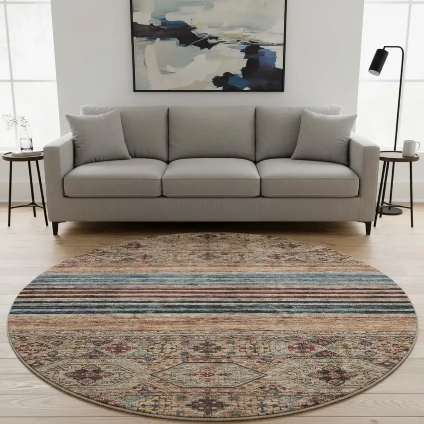 8' Taupe Brown And Blue Striped Washable Round Rug With UV Protection Photo 2