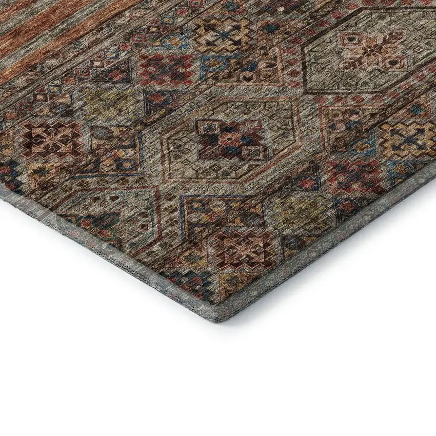 8' Taupe Brown And Blue Striped Washable Round Rug With UV Protection Photo 6