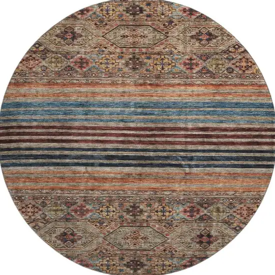 8' Taupe Brown And Blue Striped Washable Round Rug With UV Protection Photo 3