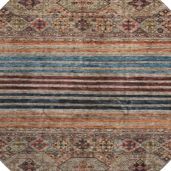 8' Taupe Brown And Blue Striped Washable Round Rug With UV Protection Photo 2