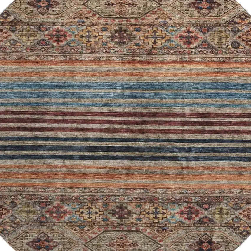 8' Taupe Brown And Blue Striped Washable Round Rug With UV Protection Photo 2