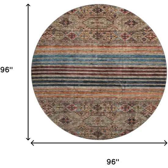 8' Taupe Brown And Blue Striped Washable Round Rug With UV Protection Photo 9