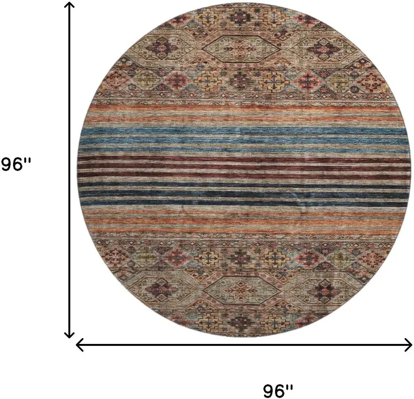 8' Taupe Brown And Blue Striped Washable Round Rug With UV Protection Photo 9