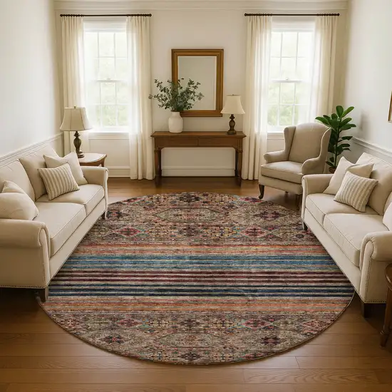 8' Taupe Brown And Blue Striped Washable Round Rug With UV Protection Photo 4