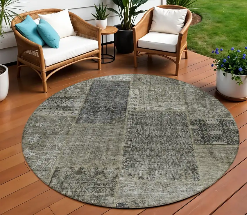 8' Taupe Brown And Charcoal Round Patchwork Washable Indoor Outdoor Area Rug Photo 1
