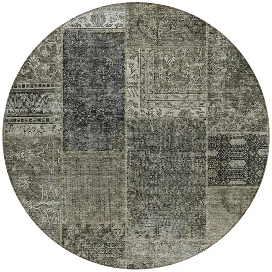 8' Taupe Brown And Charcoal Round Patchwork Washable Indoor Outdoor Area Rug Photo 6