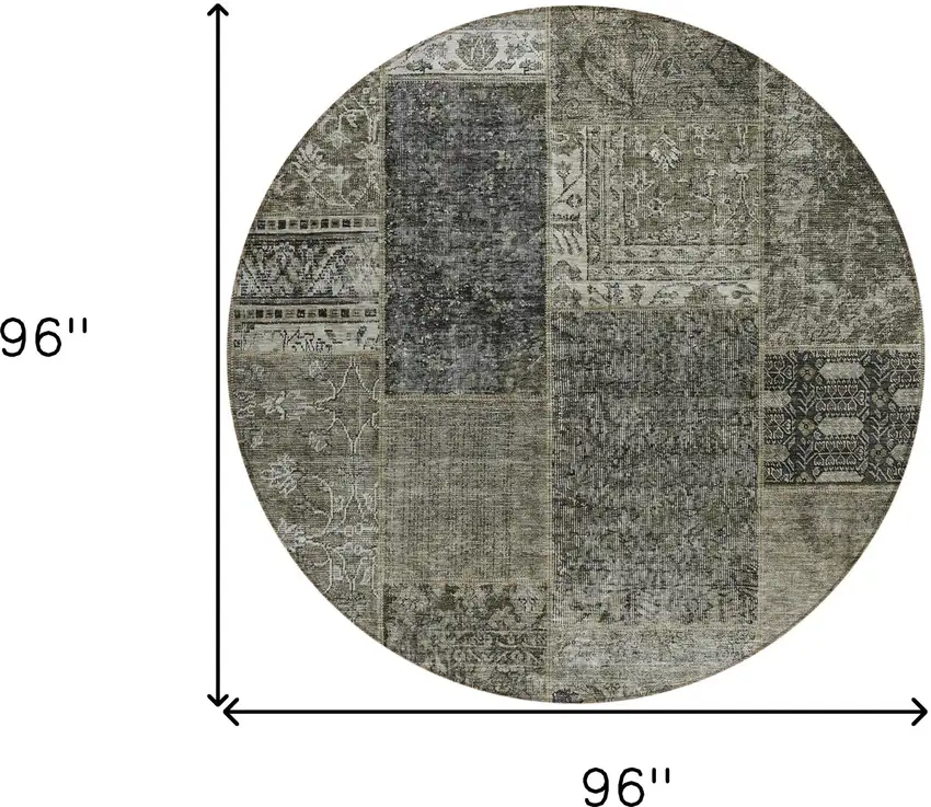 8' Taupe Brown And Charcoal Round Patchwork Washable Indoor Outdoor Area Rug Photo 3