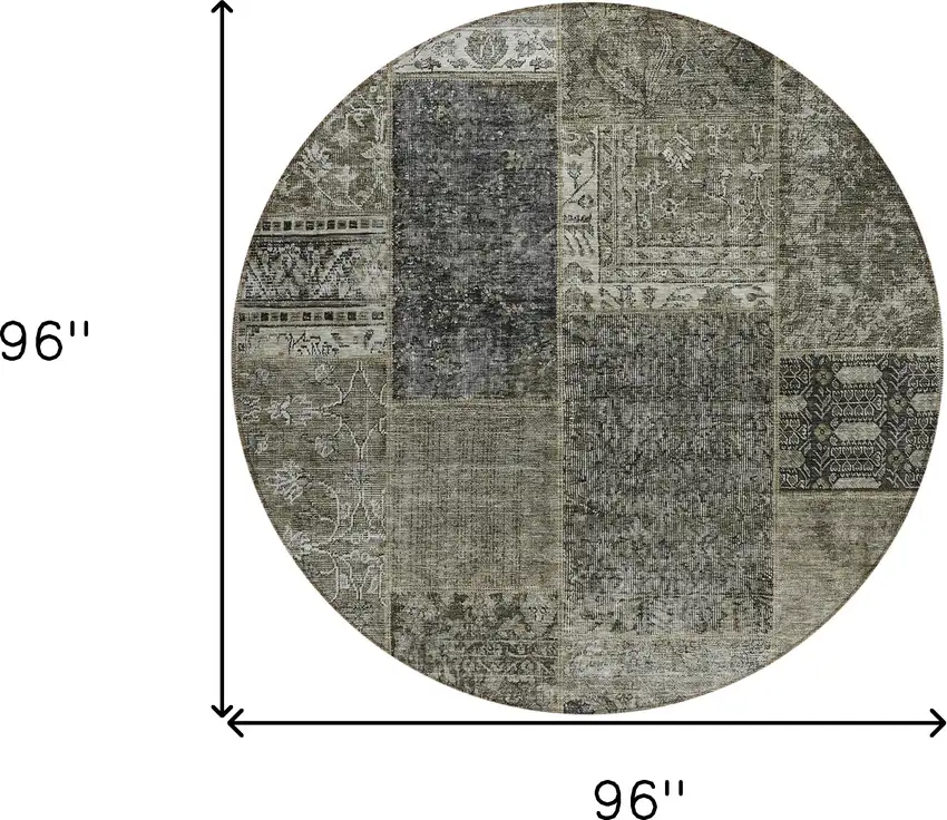 8' Taupe Brown And Charcoal Round Patchwork Washable Indoor Outdoor Area Rug Photo 3