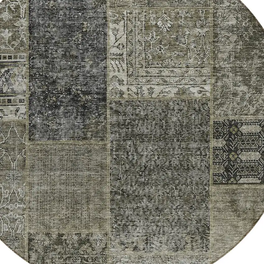 8' Taupe Brown And Charcoal Round Patchwork Washable Indoor Outdoor Area Rug Photo 5