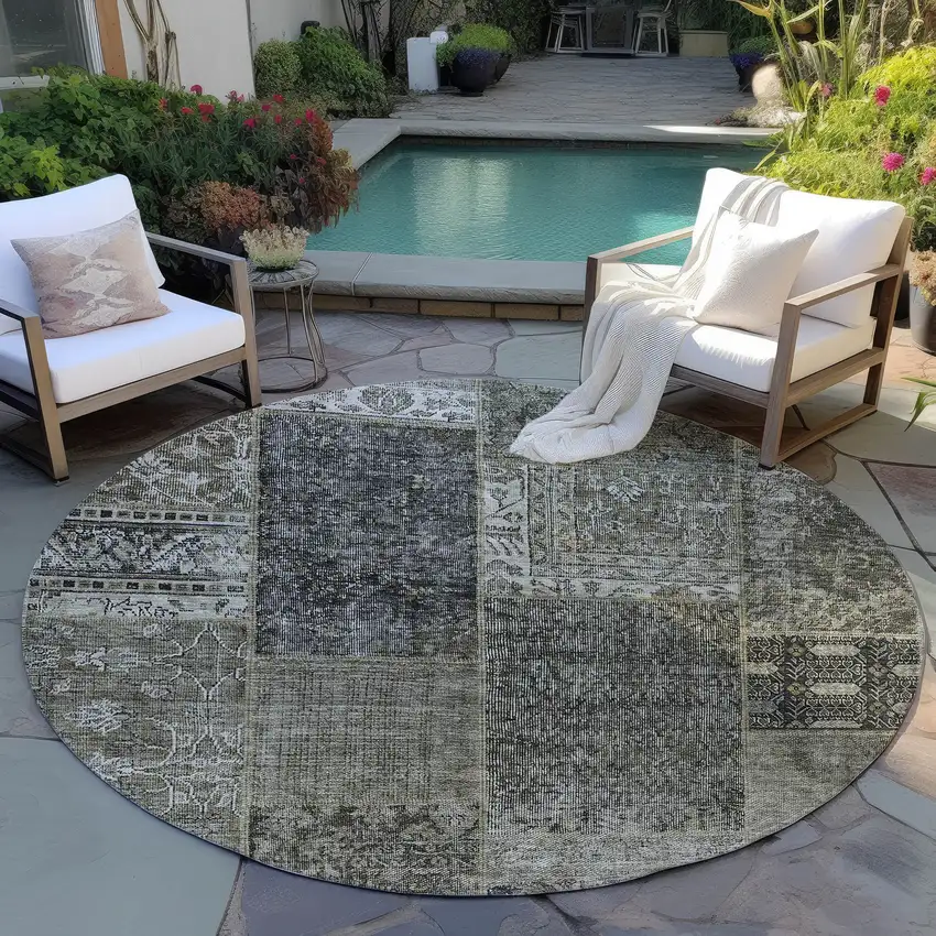 8' Taupe Brown And Charcoal Round Patchwork Washable Indoor Outdoor Area Rug Photo 7