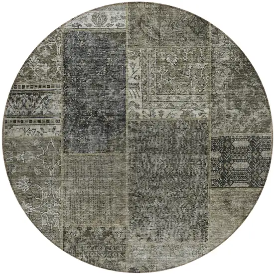 8' Taupe Brown And Charcoal Round Patchwork Washable Indoor Outdoor Area Rug Photo 2