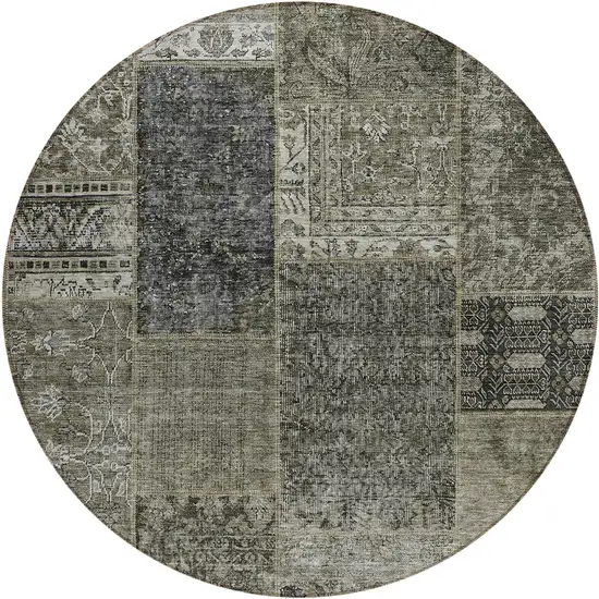 8' Taupe Brown And Charcoal Round Patchwork Washable Indoor Outdoor Area Rug Photo 2