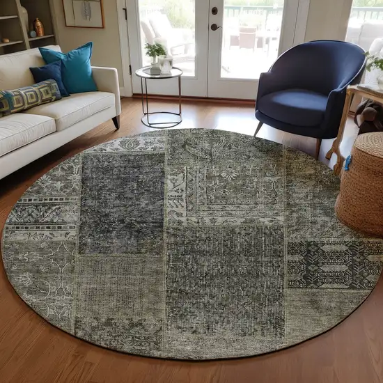 8' Taupe Brown And Charcoal Round Patchwork Washable Indoor Outdoor Area Rug Photo 8