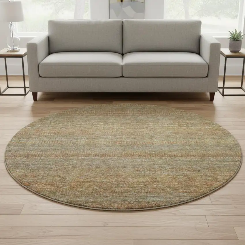 8' Taupe Brown And Copper Striped Washable Round Rug With UV Protection Photo 2