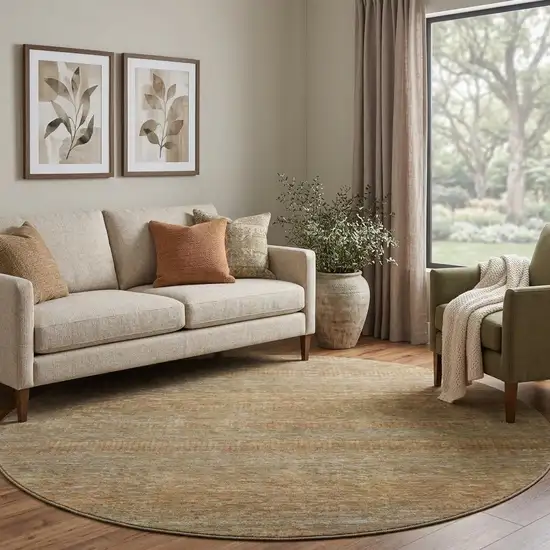 8' Taupe Brown And Copper Striped Washable Round Rug With UV Protection Photo 1