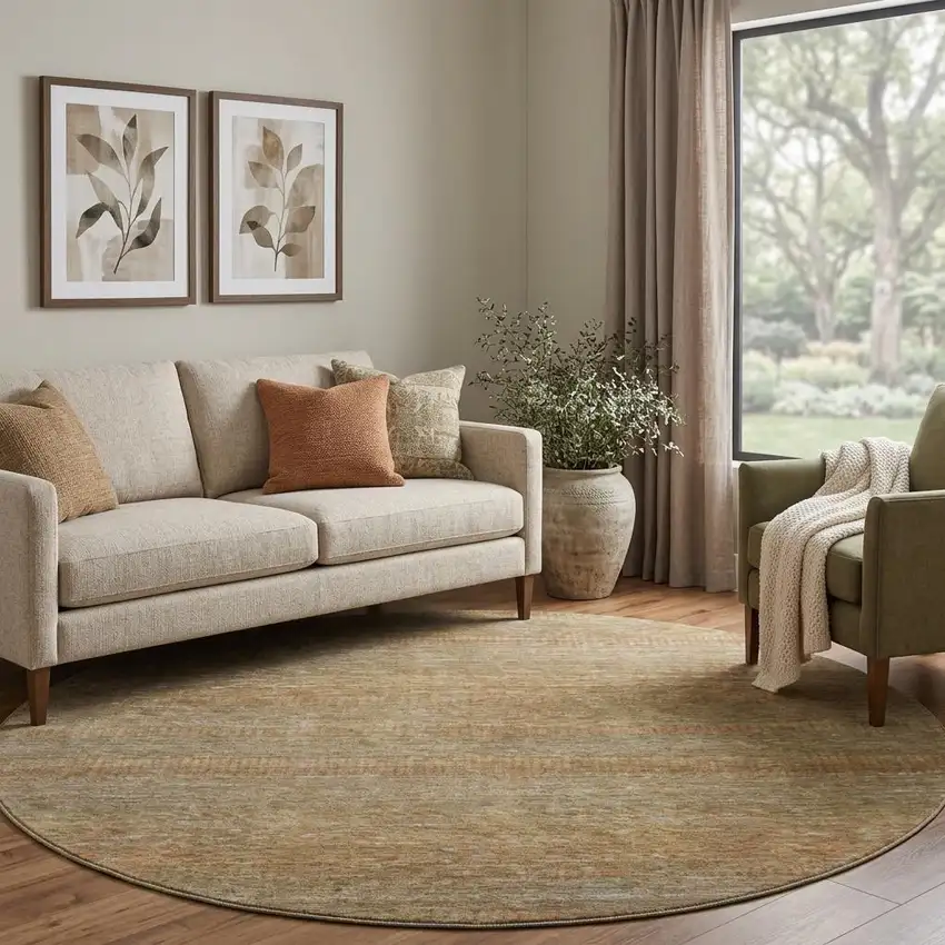 8' Taupe Brown And Copper Striped Washable Round Rug With UV Protection Photo 1