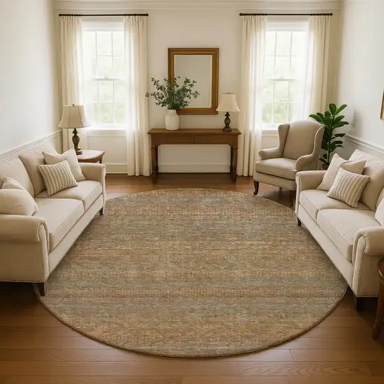 8' Taupe Brown And Copper Striped Washable Round Rug With UV Protection Photo 3