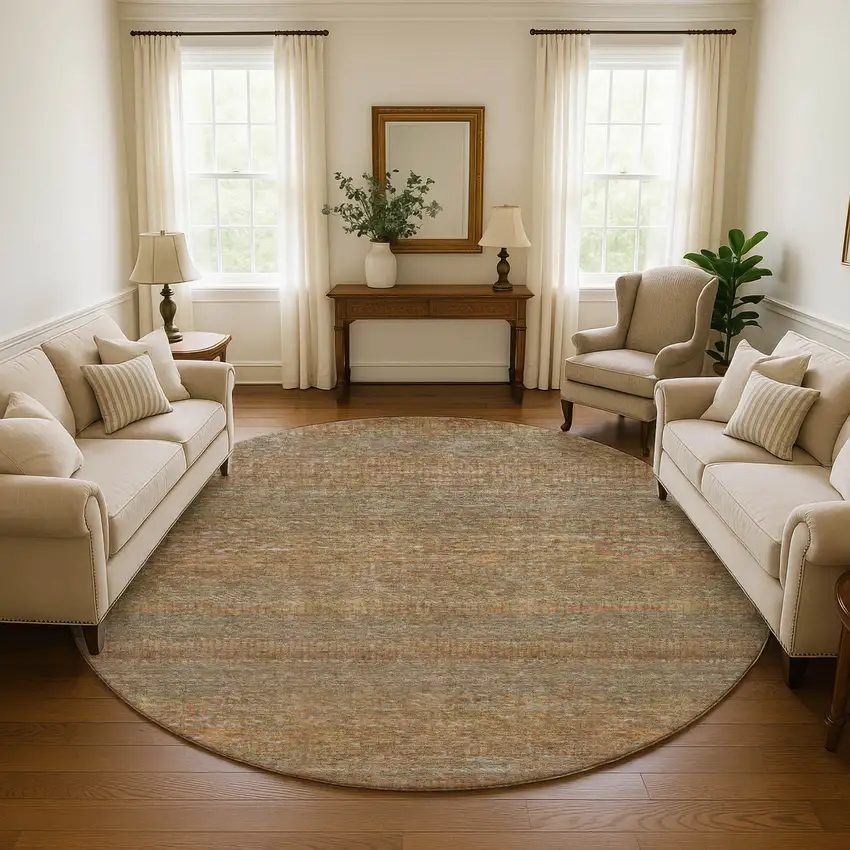 8' Taupe Brown And Copper Striped Washable Round Rug With UV Protection Photo 3