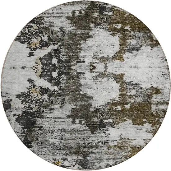 8' Taupe Brown And Gold Round Abstract Washable Indoor Outdoor Area Rug Photo 1