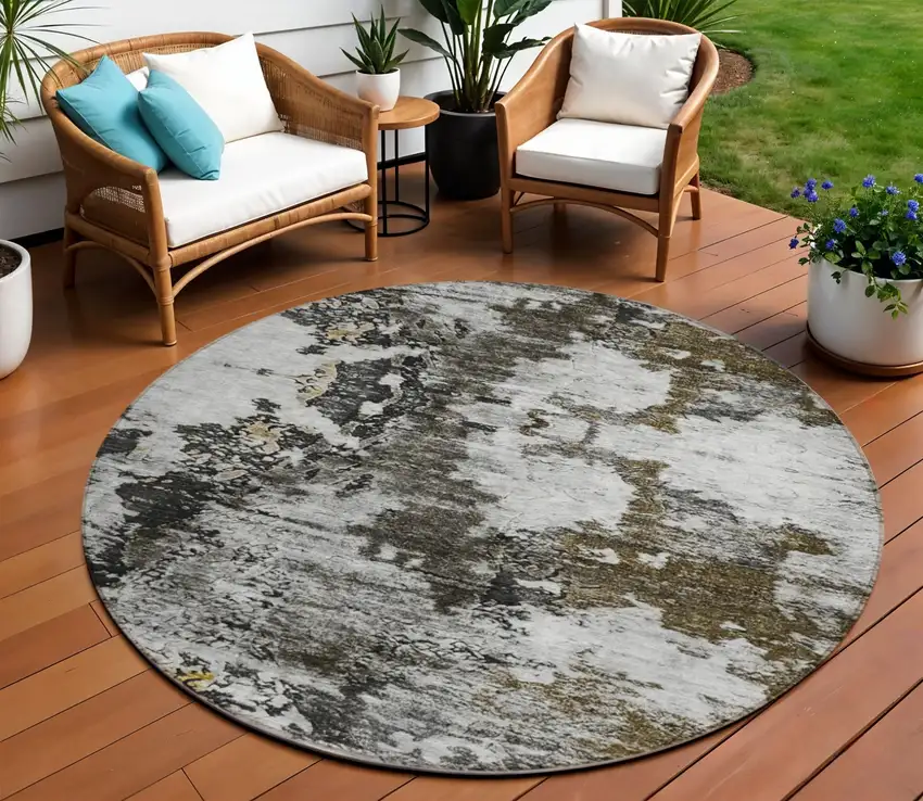 8' Taupe Brown And Gold Round Abstract Washable Indoor Outdoor Area Rug Photo 1